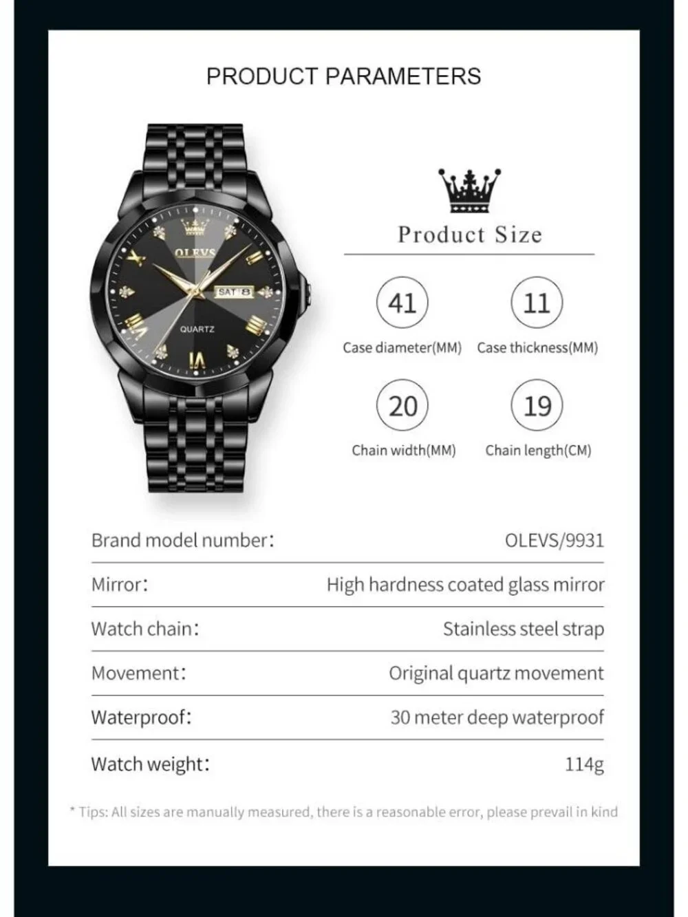 Mens Black Stainless Steel Classic Analog Quartz Diamond Waterproof Luxury Watch